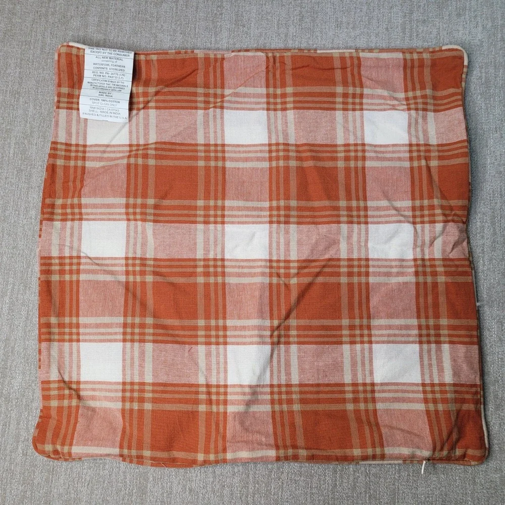 Savannah Farms Decorative Pillow Cover Orange White Plaid Cotton NEW w Tag